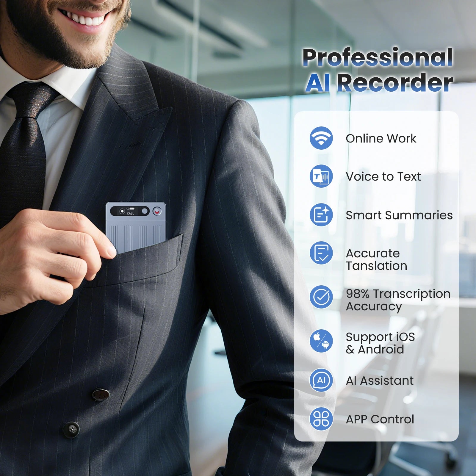 AI Voice Recorder with App Control Utilizing Advanced AI for Transcription And Summarization Portable Audio Recording Device